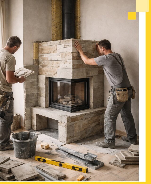 Угловые камины под ключ проект, монтаж и отделка в Кузнецке